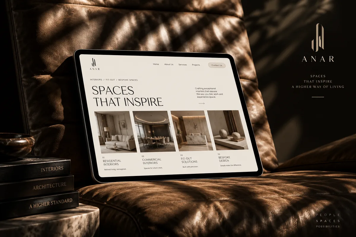 ANAR interiors website shown on a tablet