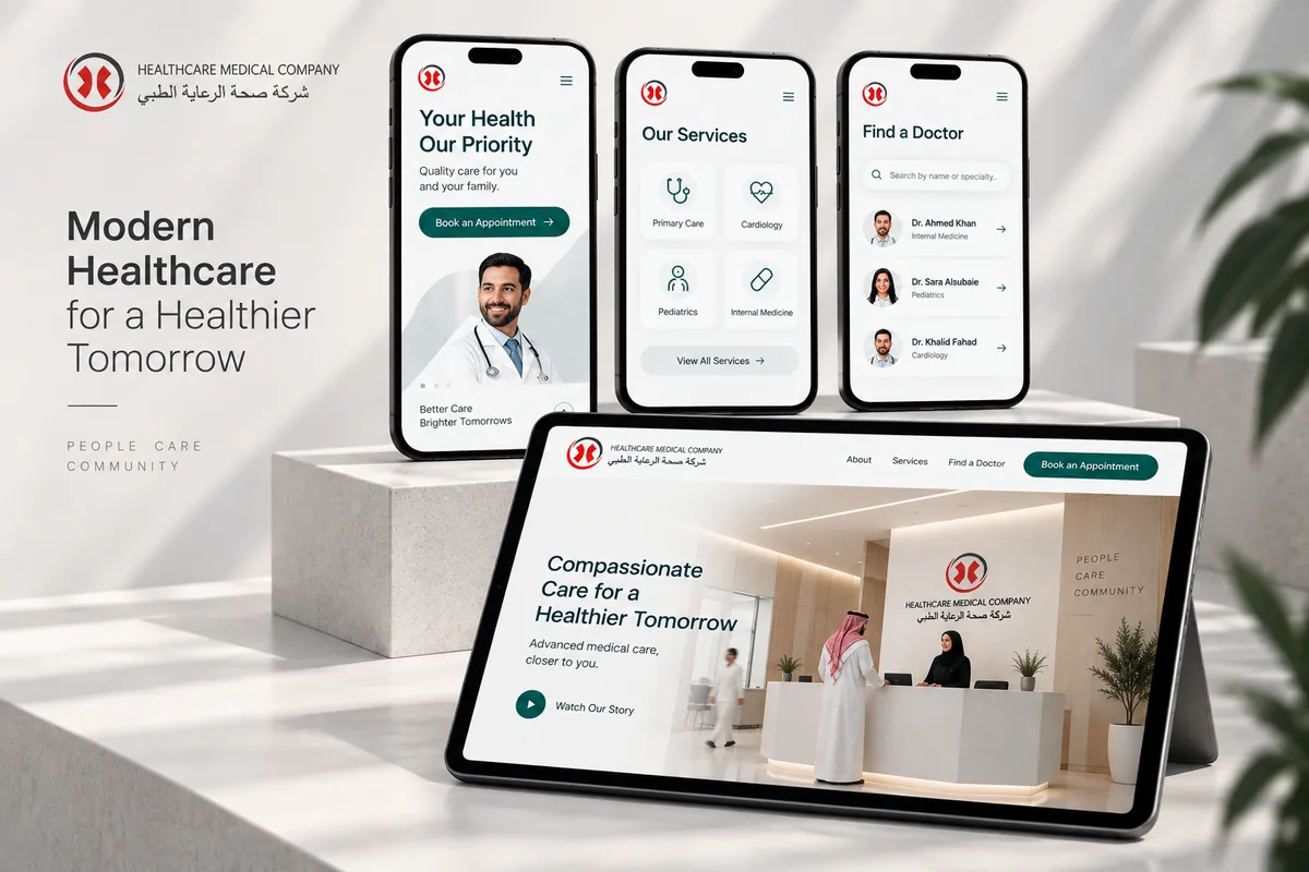 Healthcare Medical Company website and mobile app screens